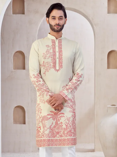 Beige cotton kurta pajama for festive wear