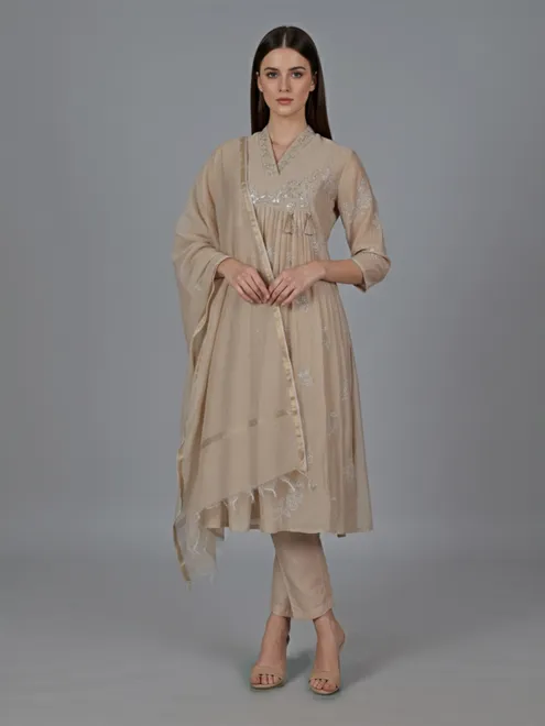 Beige cotton organza embroidered salwar suit