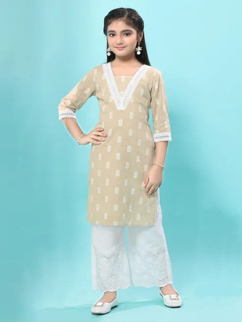 Beige cotton printed palazzo suit for festive wear