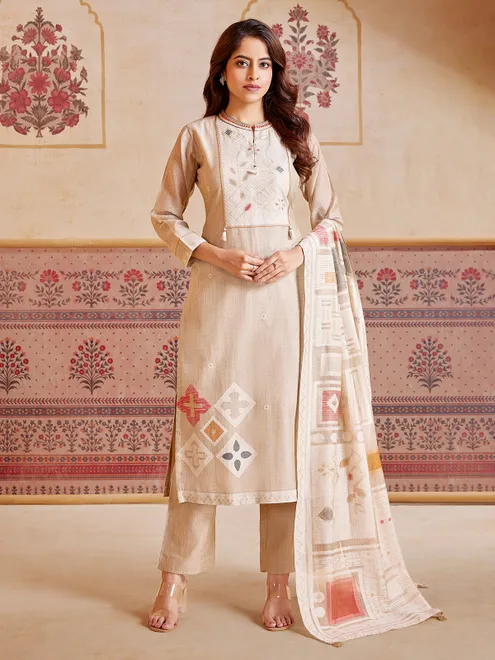 Beige cotton salwar suit with thread work detailing