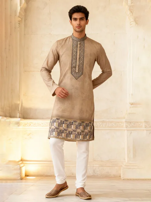 Beige cotton silk daman printed festive kurta suit