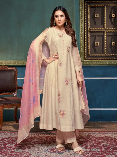 Beige cotton silk embroidered festive salwar suit