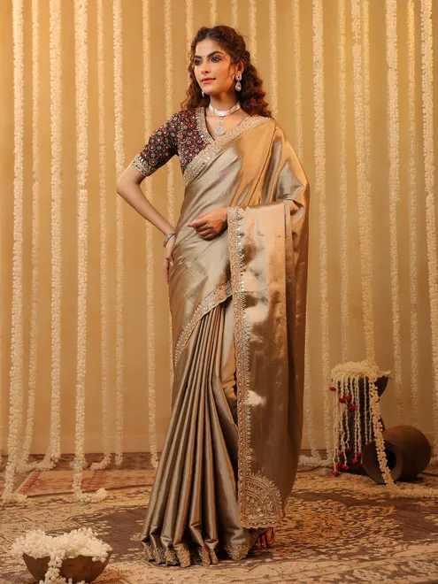 Beige cotton silk festive wear saree for women