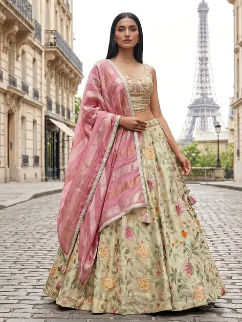 Beige cotton silk lehenga choli with thread detailing
