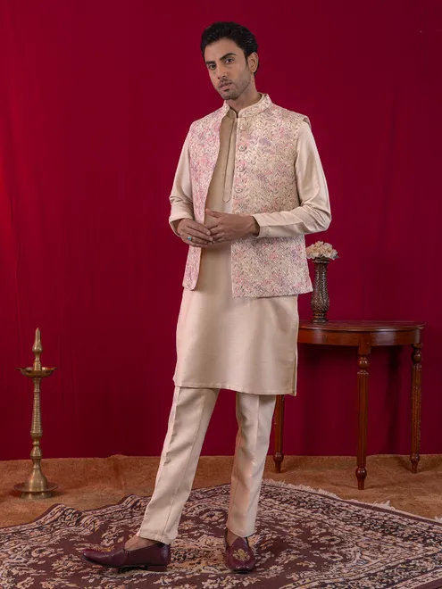 Beige cotton silk men waistcoat set with resham work