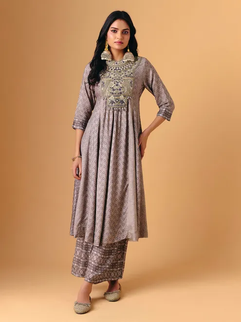 Beige cotton silk quarter sleeve palazzo suit
