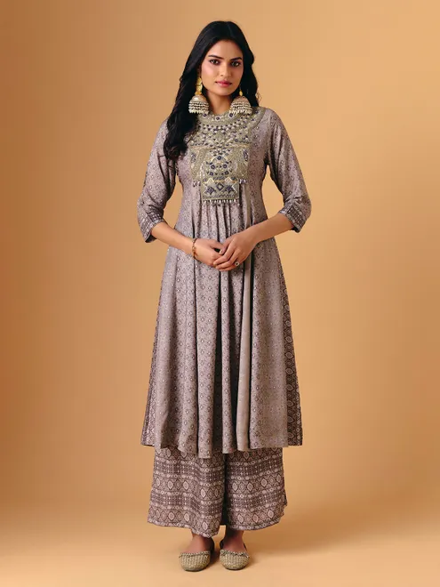 Beige cotton silk quarter sleeve palazzo suit