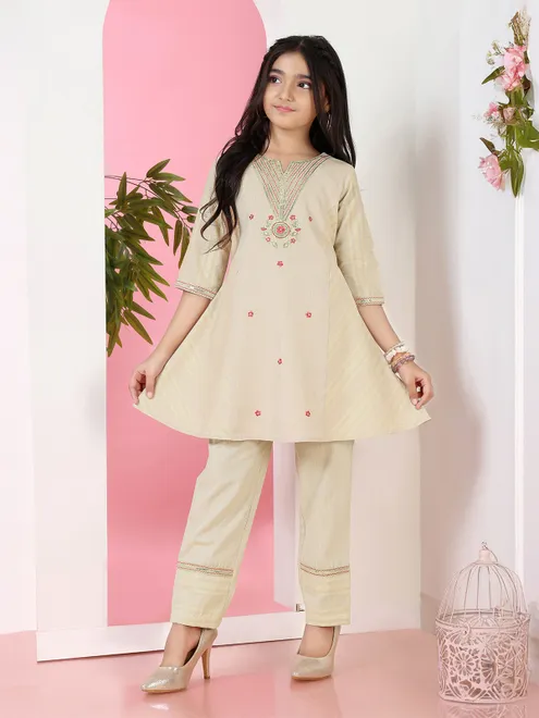 Beige cotton silk salwar suit for girls