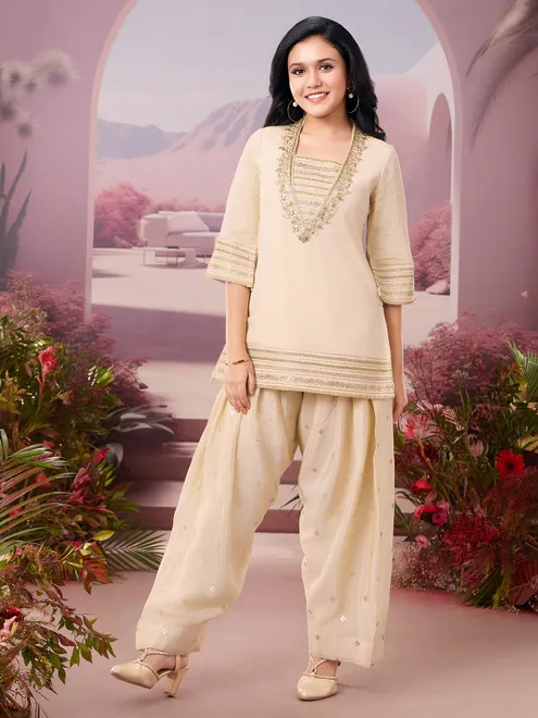 Beige cotton silk salwar suit for girls festive wear