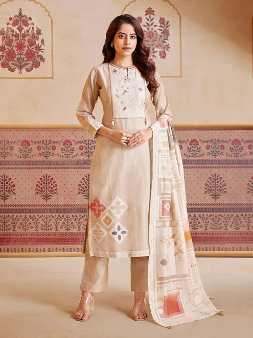 Beige cotton silk sequins work salwar suit