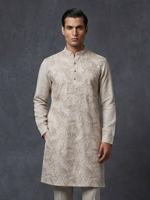 Beige cotton silk thread work elegant festive kurta