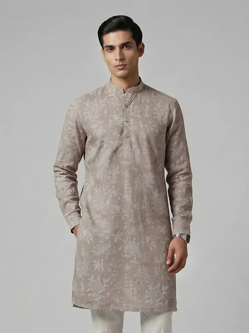 Beige cotton silk thread work wedding festive kurta