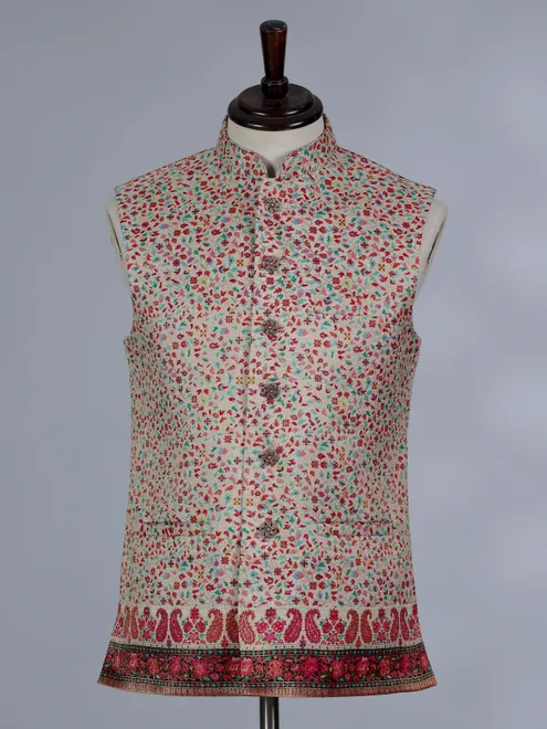 Beige cotton silk waistcoat with colorful motifs