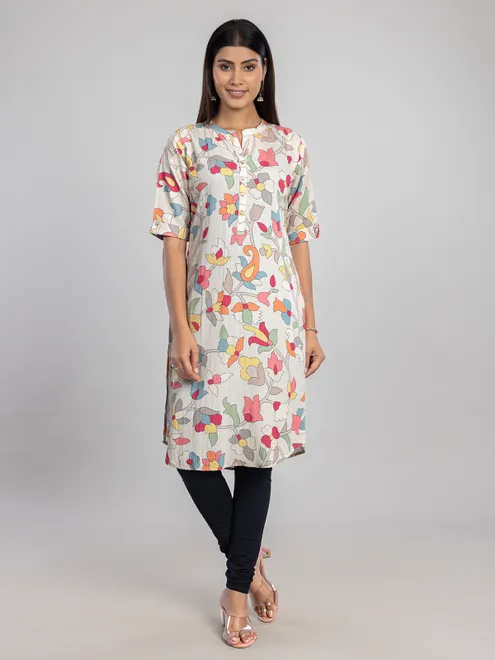 Beige cotton silk women kurti with print