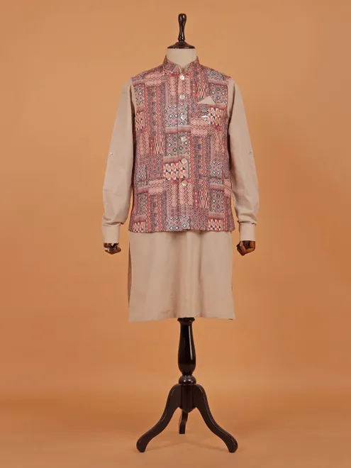 Beige cotton waistcoat set for men