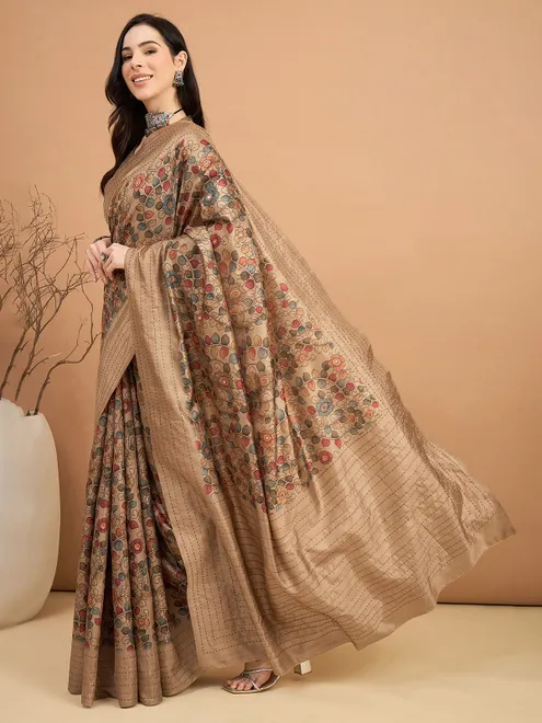 Beige cozi silk saree with aesthetic print pattern