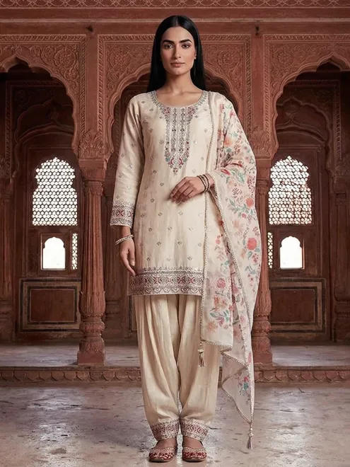 Beige crepe silk punjabi style embroidered festive salwar suit