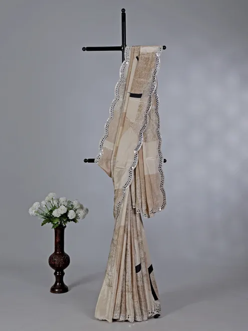 Beige crepe silk wedding wear saree
