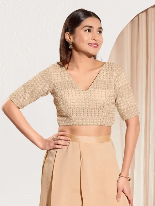 Beige crochet sequin embroidered elbow sleeve blouse