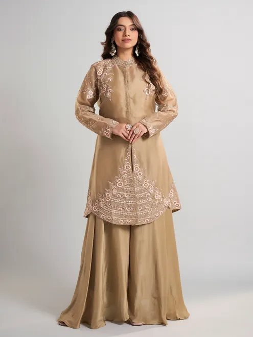 Beige designer pakistani tissue and satin silk palazzo suit