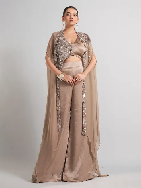 Beige designer shrug silk palazzo suit