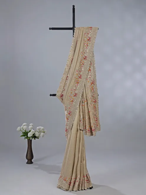 Beige dola silk saree with zari work