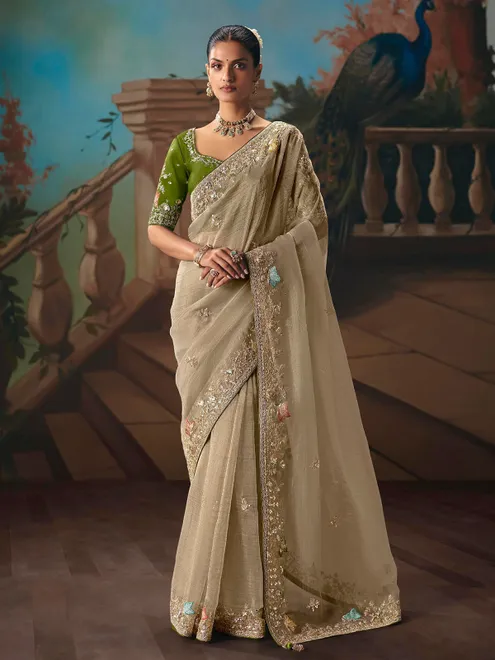 Beige fancy tissue silk festive saree