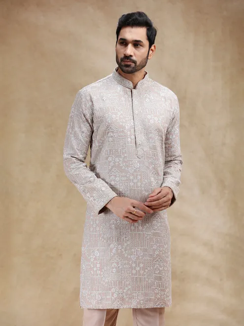 Beige festive wear silk kurta suit