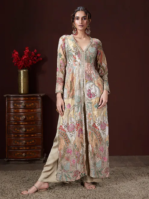 Beige festive wear silk palazzo suit with print