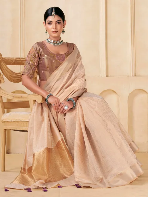 Beige festive wear viscose saree