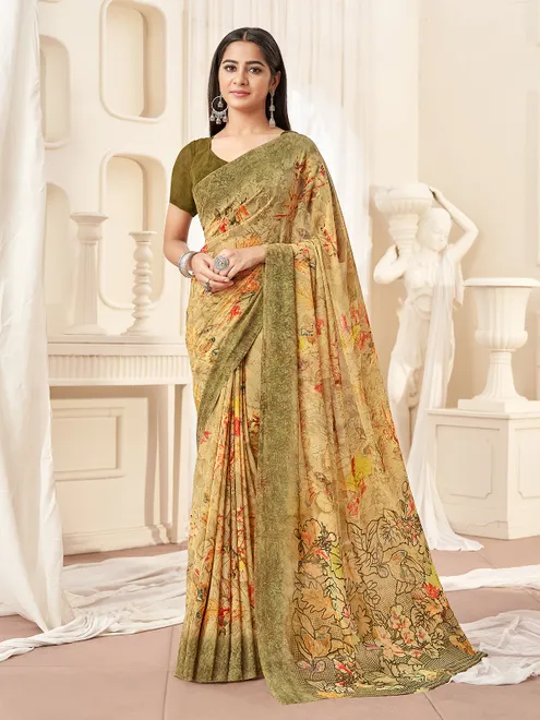 Beige floral shaded georgette saree