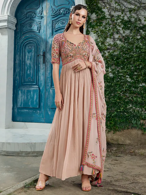 Beige georgette anarkali suit for wedding wear