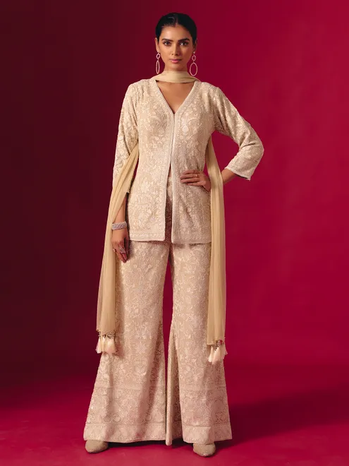 Beige georgette embroidered pakistani palazzo suit with dupatta