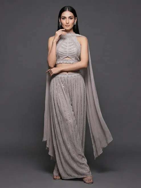Beige georgette halter neck embroidered festive palazzo suit