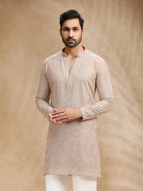Beige georgette men kurta pajama with rich embroidery