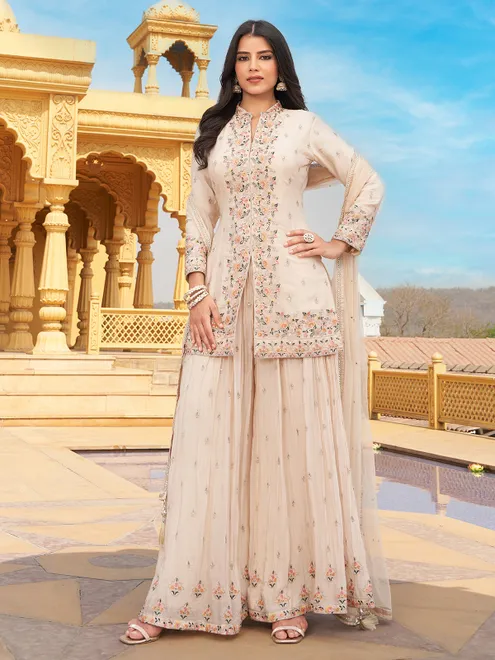 Beige georgette palazzo suit with embroidery for women