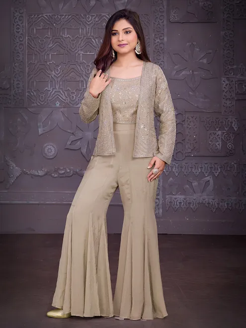 Beige georgette palazzo suit with mirror accents