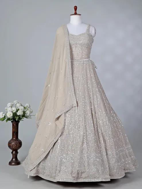Beige georgette sleeveless lehenga choli