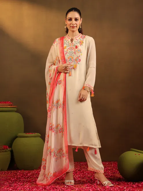 Beige georgette straight cut kurti set