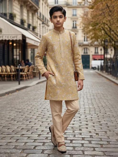 Beige georgette thread worked kurta suit