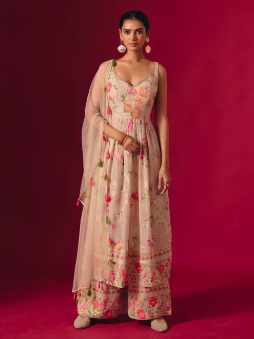 Beige georgette zari work pakistani palazzo ensemble