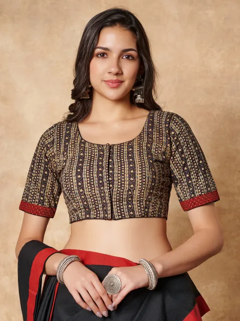 Beige hand block printed ajrakh cotton ready made blouse