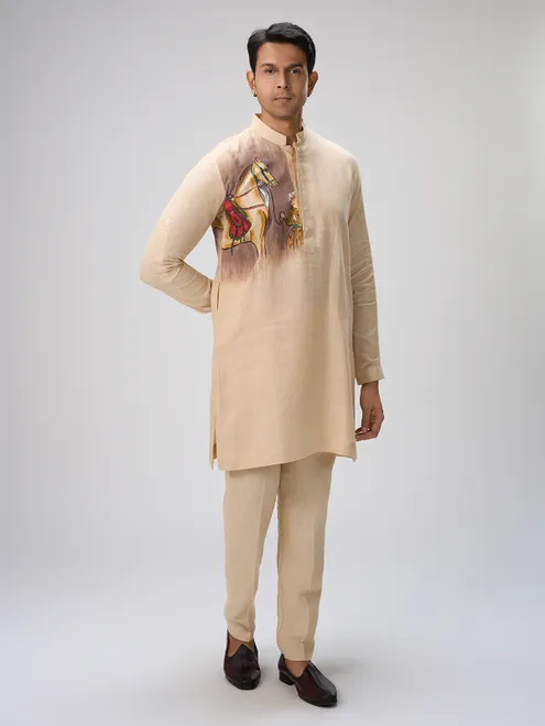 Beige horse art linen kurta pajama