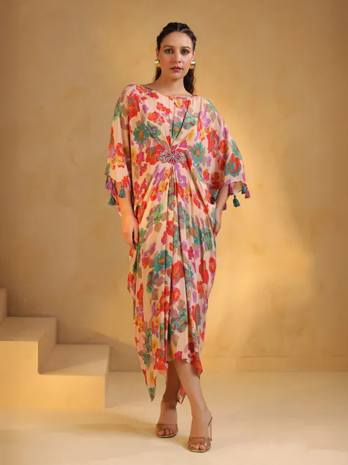 Beige indowestern silk printed kurti