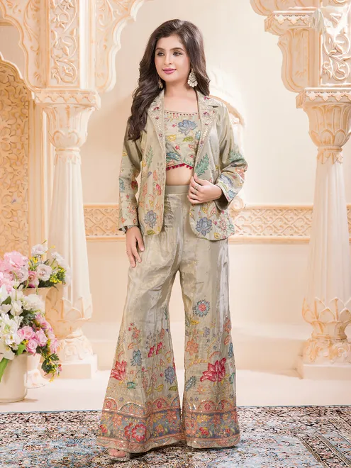 Beige jacket style printed silk palazzo set