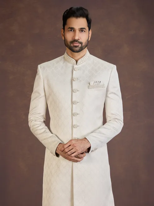 Beige jacquard Indo western set with elegant embellishment work