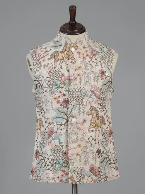 Beige jute waistcoat with thread work