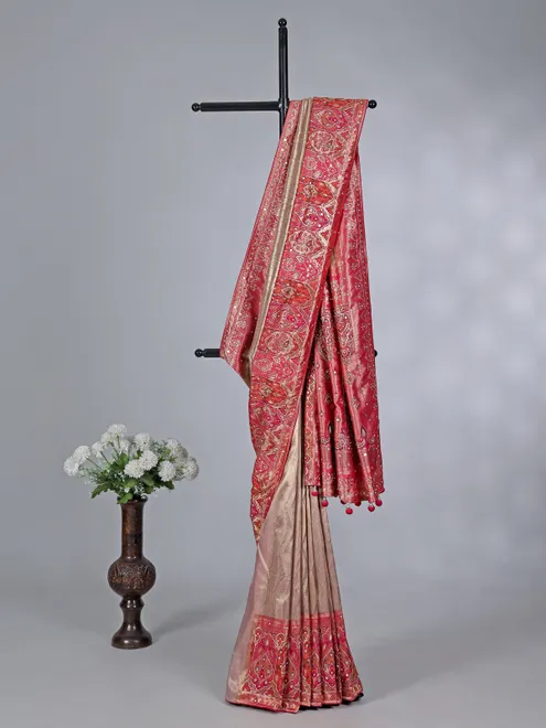 Beige kanjivaram silk wedding wear saree for women