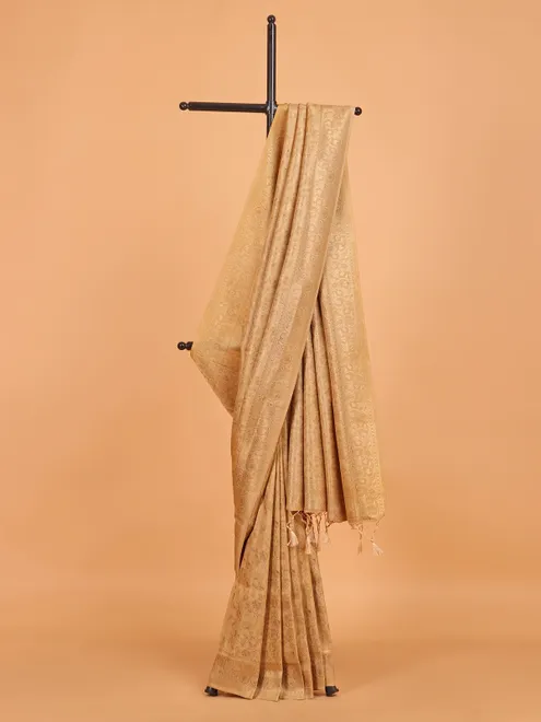 Beige kanjivaram silk zari weaving saree for festive