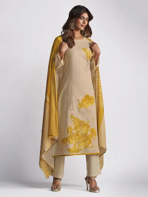 Beige linen cotton printed salwar suit